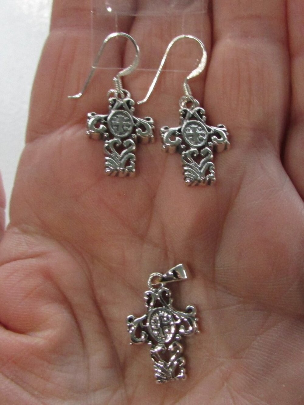 925 Double Celtic Cross Pendant & Earrings Set - Sterling Silver - NEW